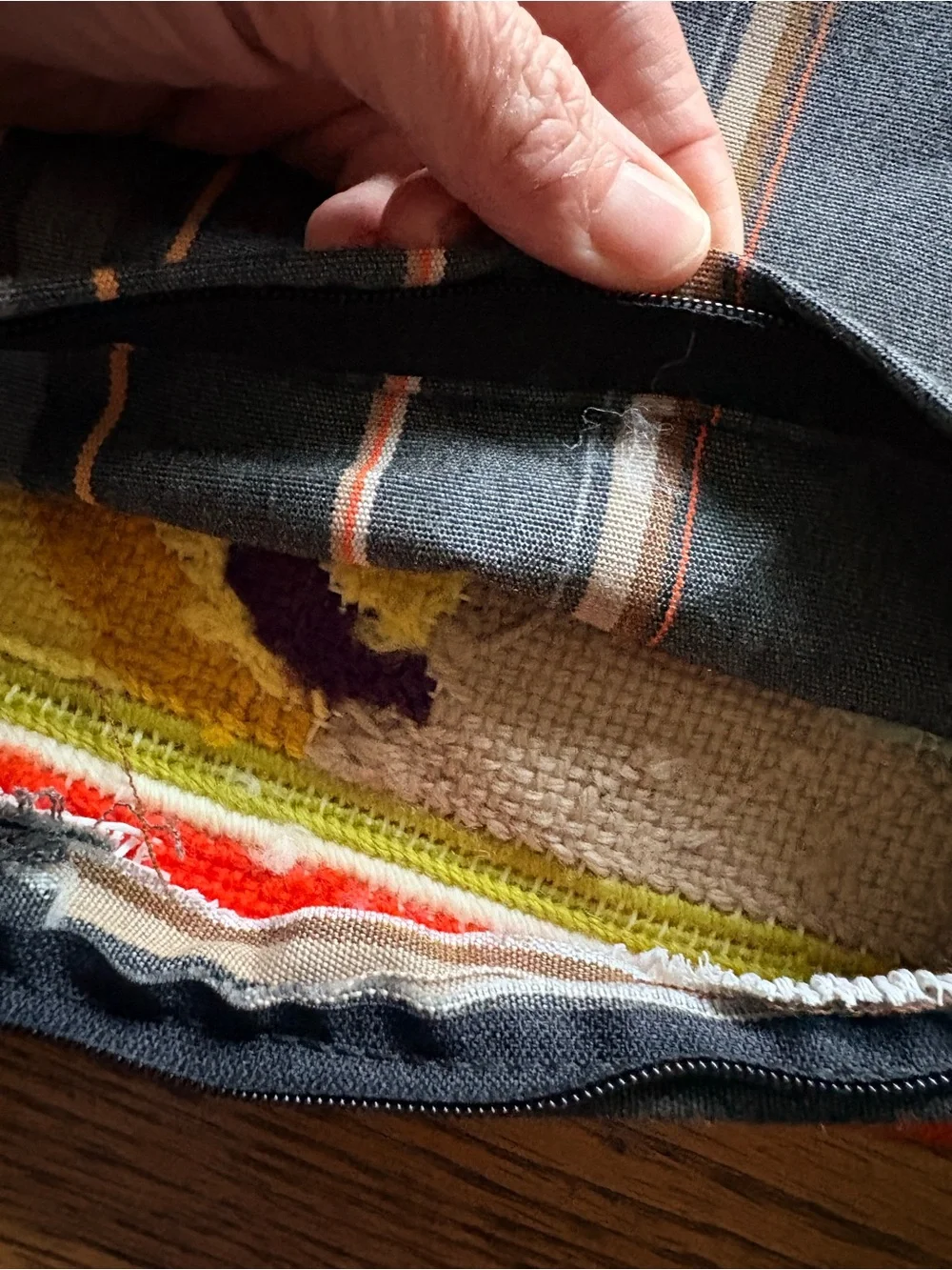 Custom Needlepoint pillow covers with cording, zippers & striped fabric backing